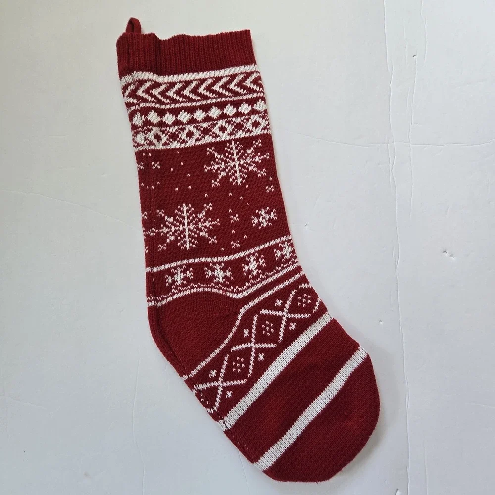 Fair Isle Knitted Christmas Stocking Nordic Snow Red Cream Holiday Christmas